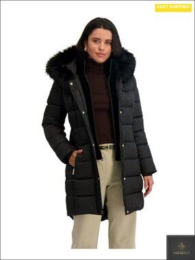Women's Mid-Length Quilted Puffer Coat With Attached Hood, Faux Fur Trim,